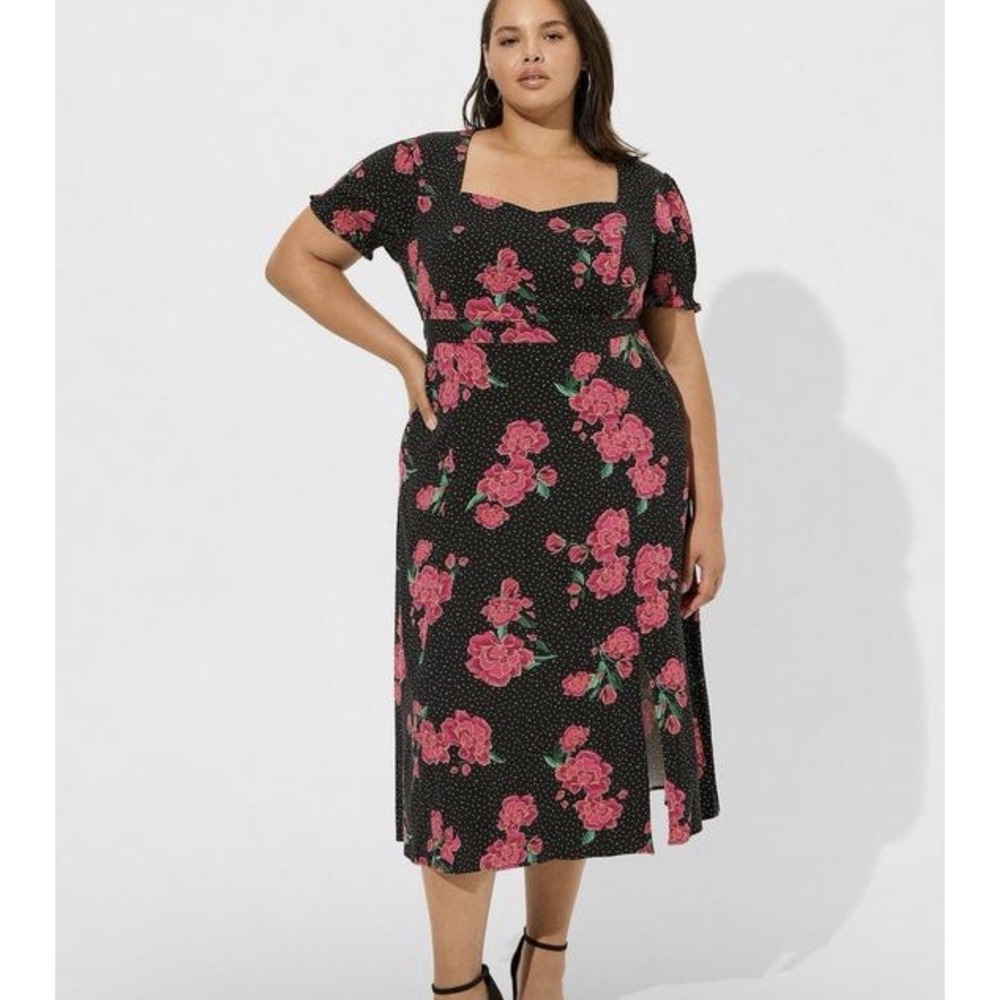Torrid 5 / 5X Tea Length Stretch Challis Sweetheart Dress POLKA DOT Floral - Picture 1 of 11